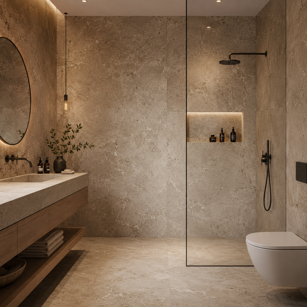 Modernes Badezimmer mit Naturstein-Wänden und Waschtisch