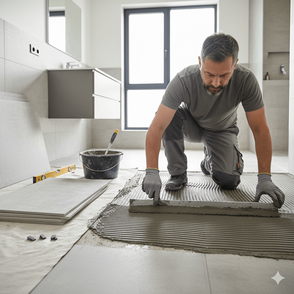 Fliesenleger bei der Arbeit